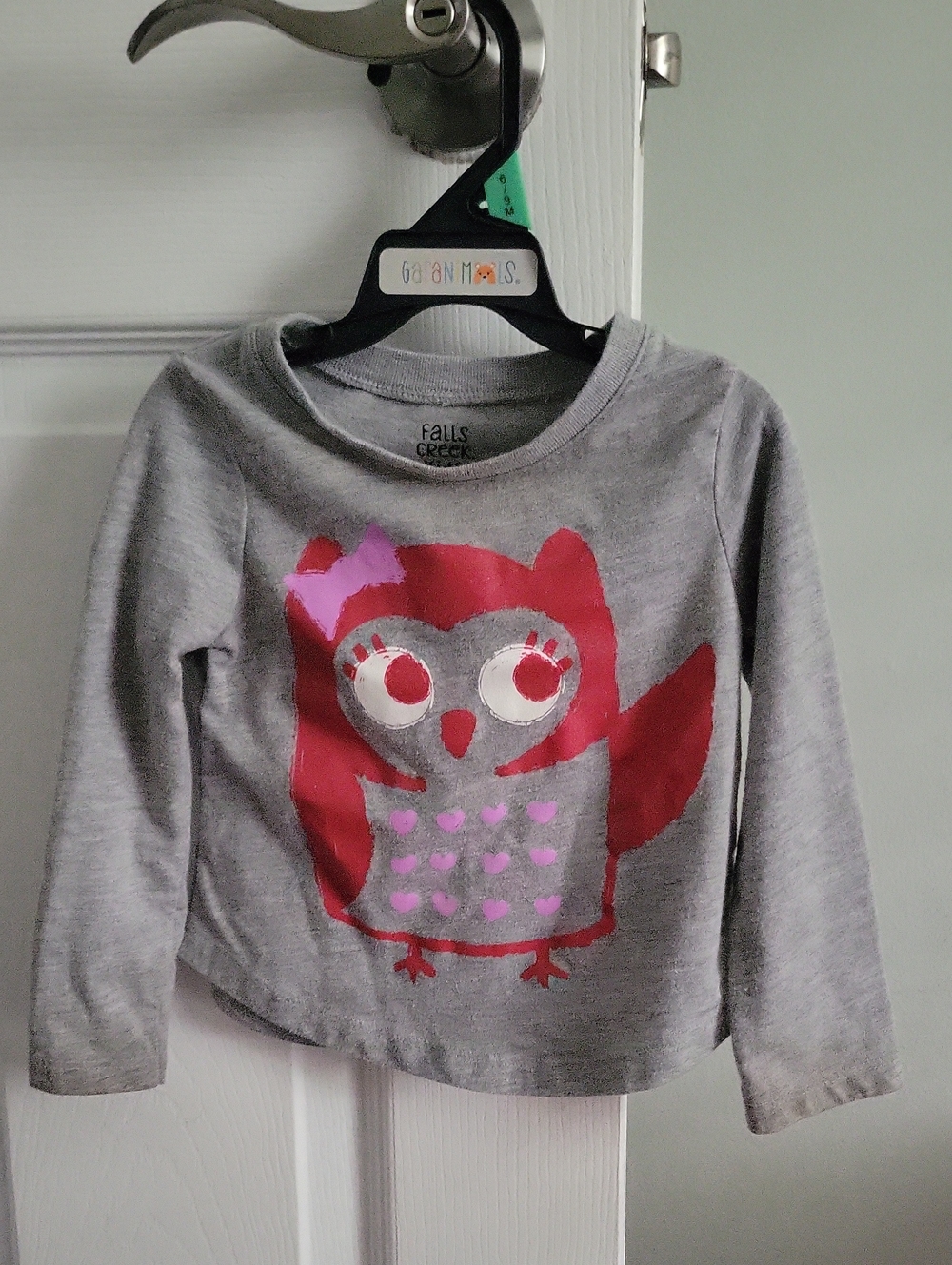 Falls Creek Gray Long-Sleeve Tee with Red and Pink Owl Graphic